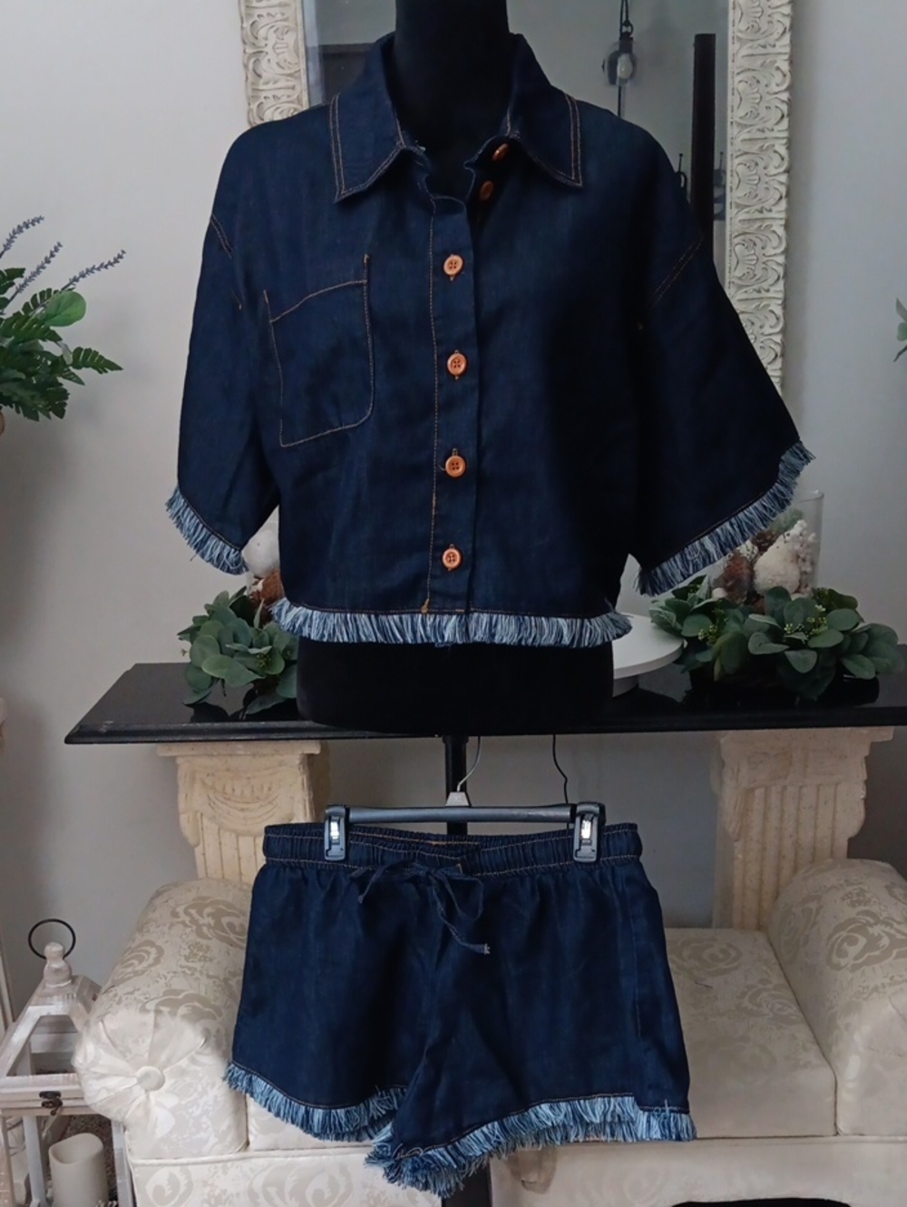 Fashion Nova Dark Blue Denim Crop Top Set with Fringe